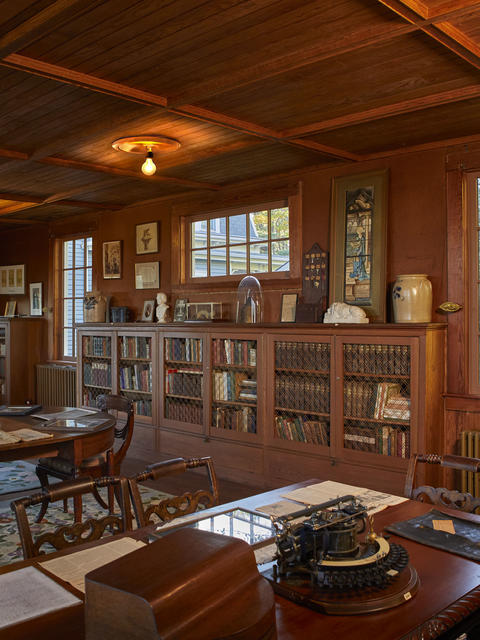 View of the new library exhibit with historic items on display